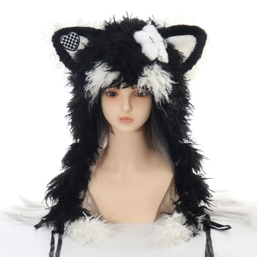 Sombrero de Orejas con Pelo Rizado Lolita Estrella Pico de Zorro para Gatos, Invierno Caluroso Moda Subcultural Y2K — imagen 3