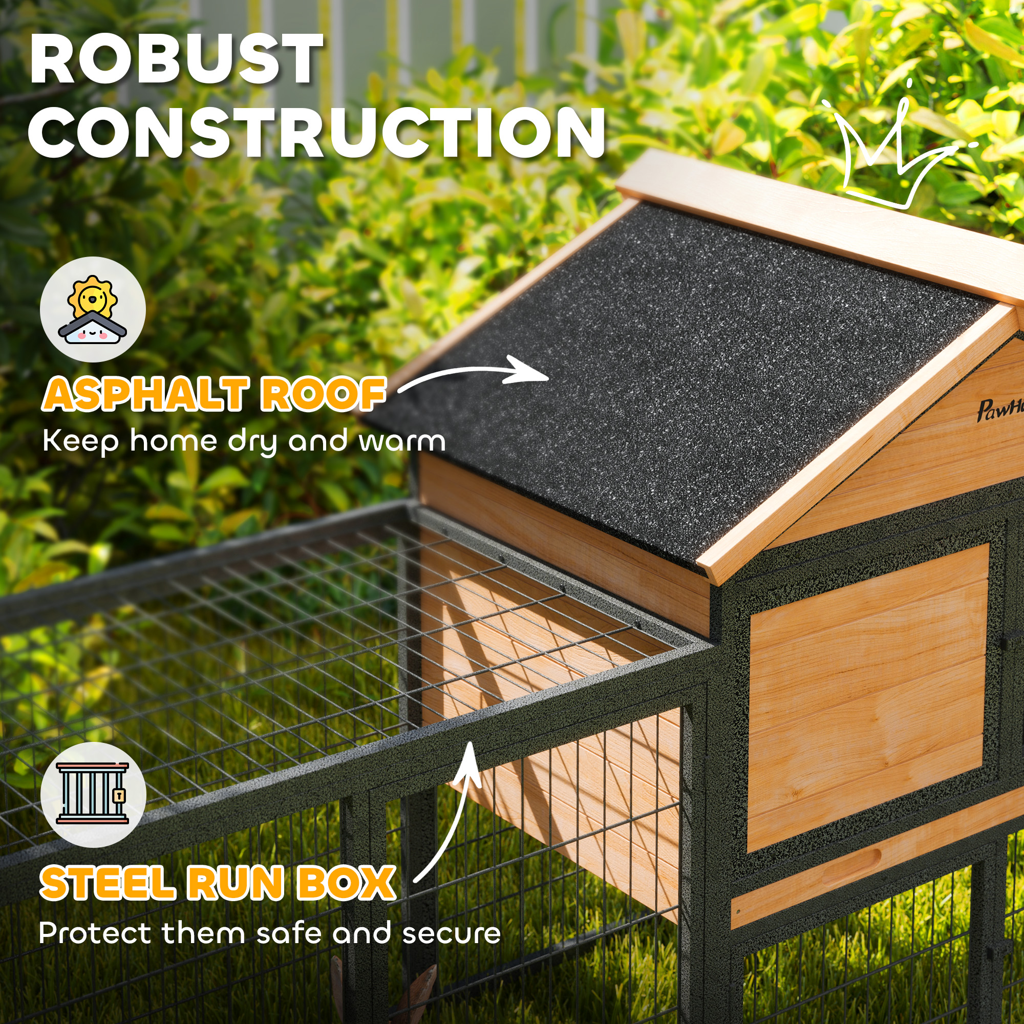 Casa para Conejos de Madera Exterior, 85" Gran Caja para Conejos con Corral de Acero, Plato Removible y Techo de Asfalto — imagen 8