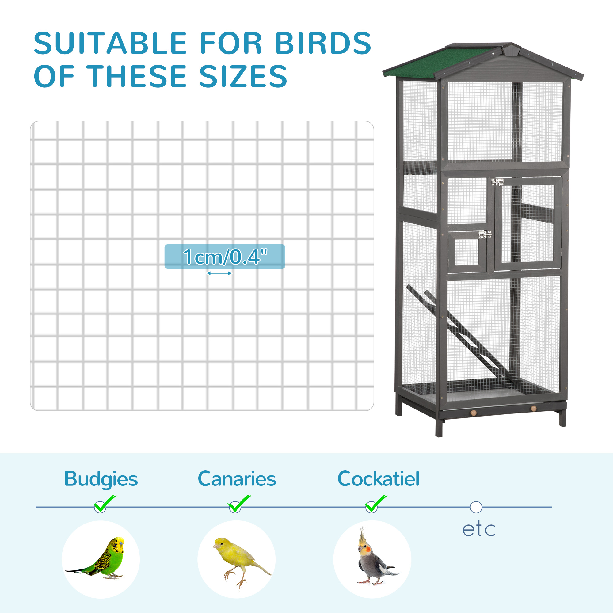 Jaula de Pájaros de Madera para Exterior de 65", Pajarera para Loros y Periquitos, con Bandeja Extraíble y 2 Puertas, Gris — imagen 7