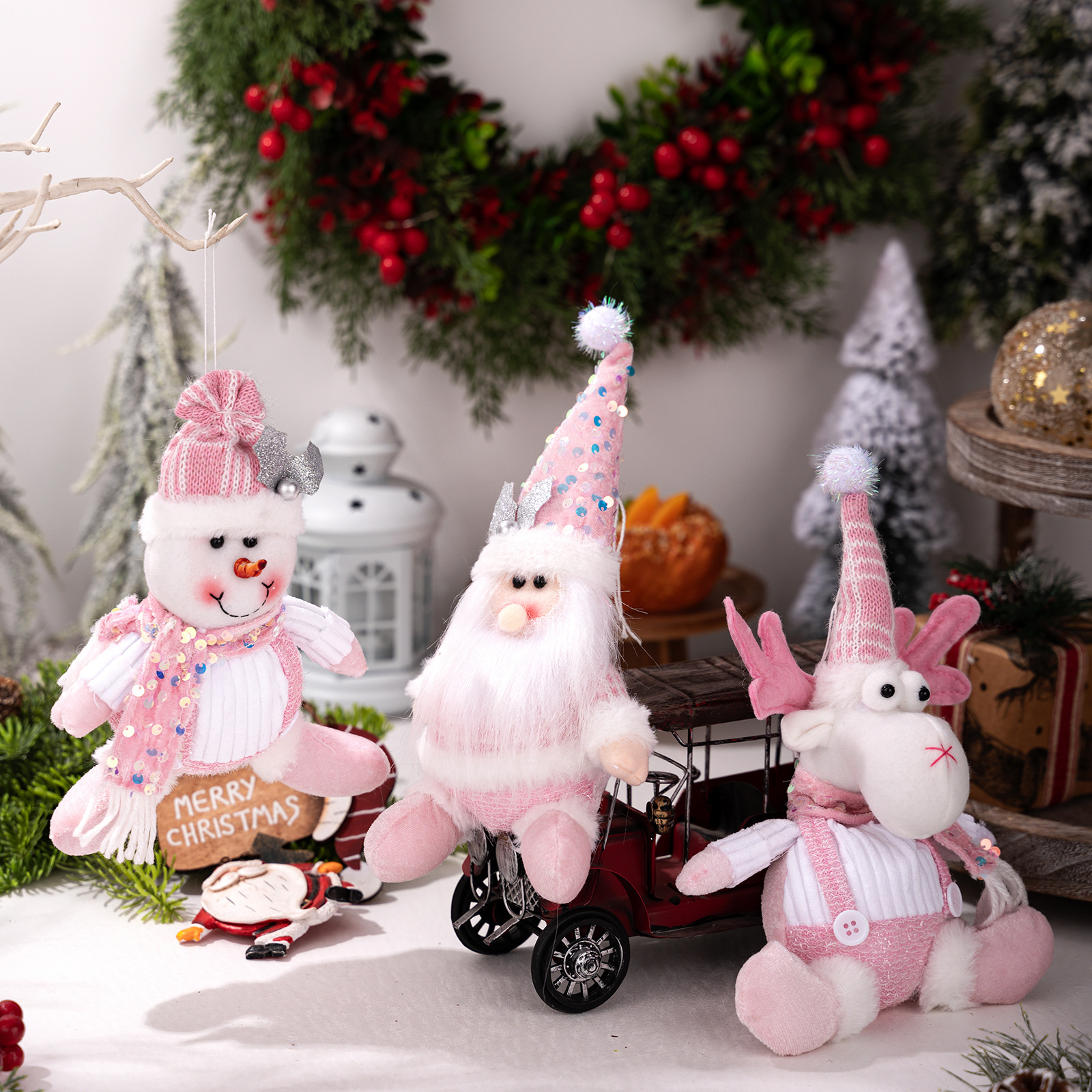 Christmas Decoration Pink Glitter Plush Ornament Santa Claus Figurine Snowman Reindeer Hanging Decor — image 5
