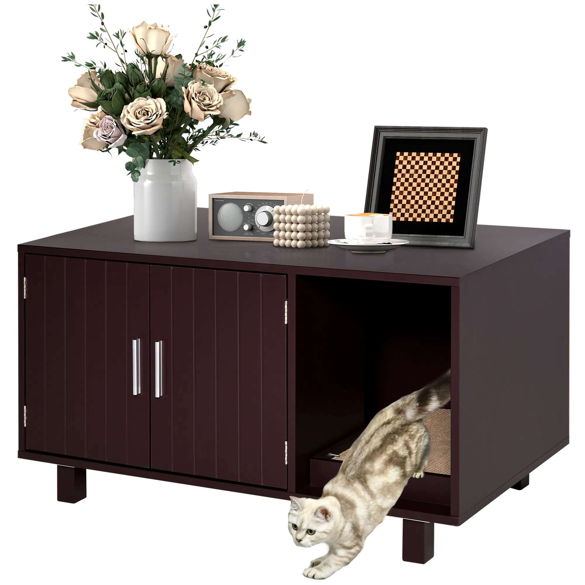 Cat Litter Box Enclosure, Hidden Litter Box Furniture, Cat House End Table Washroom with Scratching Pad, for Indoor Cats Kittens, Brown — image 1
