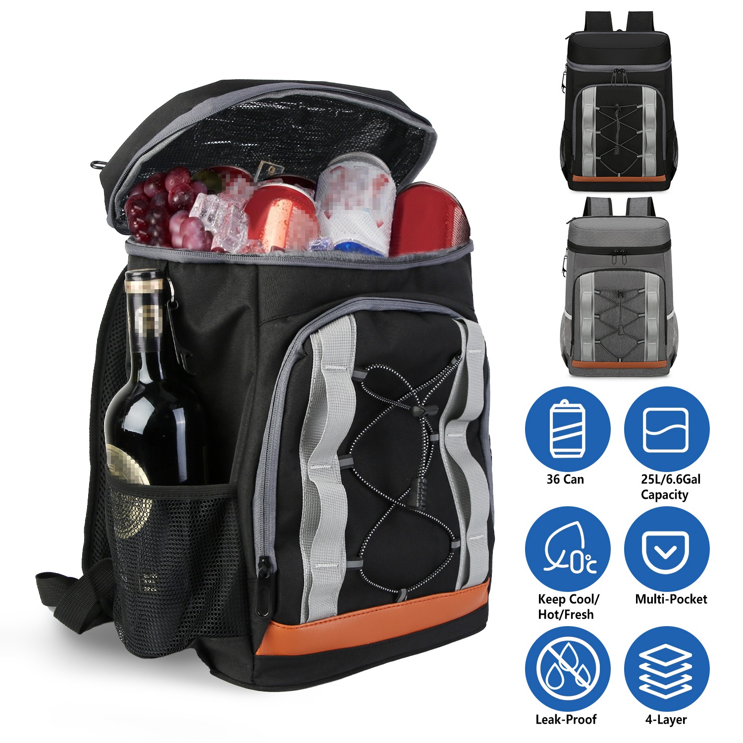 Opciones Gris-Negro - 1 Pieza Bolsa de Enfrío para Caminar con 36 Cánicas Resistentes al Derrame y Aisladas, 25L / 6.6 Gal para Pícnic, Camping, Playa, Senderismo, Pesca y Viajes — imagen 13
