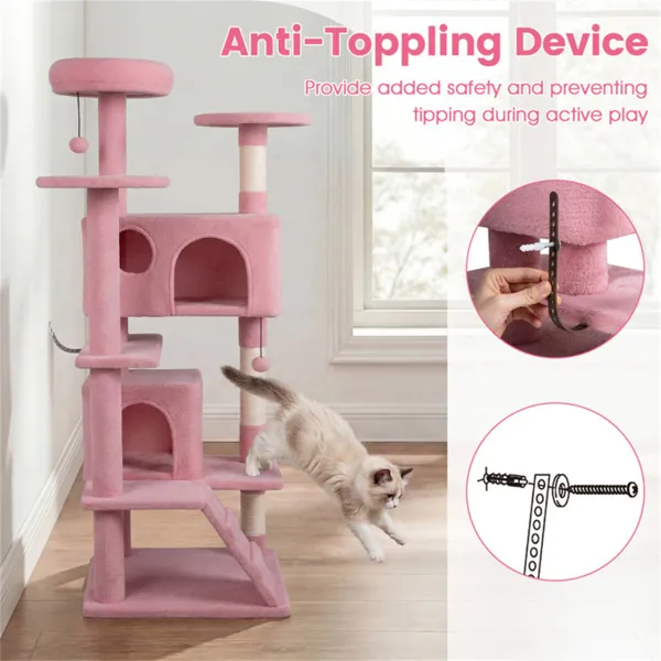 52" Tall Cat Tree Tower With Perches & Condos, Multi-Cat Playground With Scratching Posts (Pink) — image 4