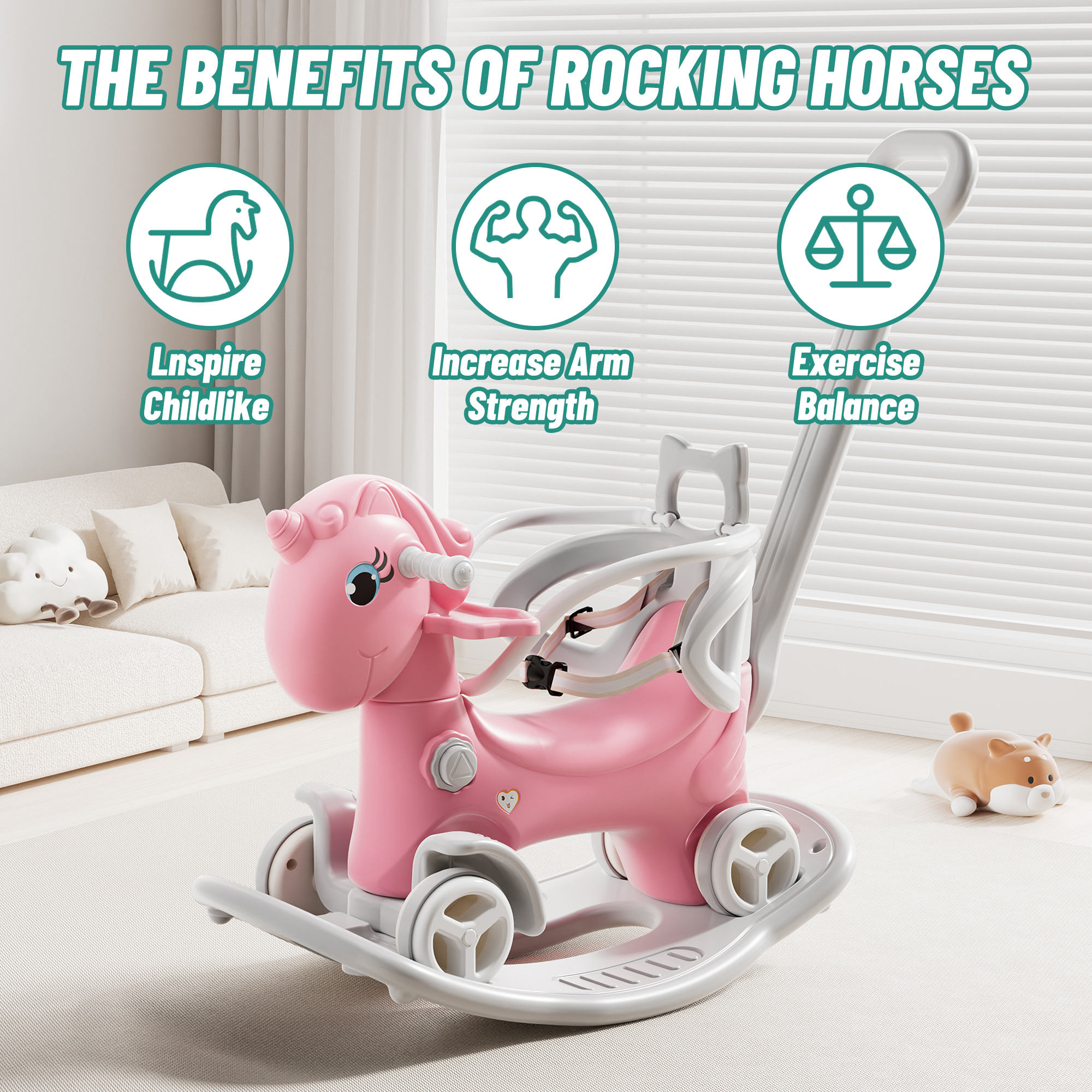 Rocking Horse For Toddlers, Balance Bike Ride On Toys With Push Handle, Backrest And Balance Board For Baby Girl And Boy, Unicorn Kids Pink Color Old SKU W509125829 — imagen 3
