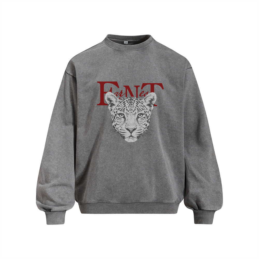 Leopard head printed round neck sweatshirt with stir fried flowers — image 1