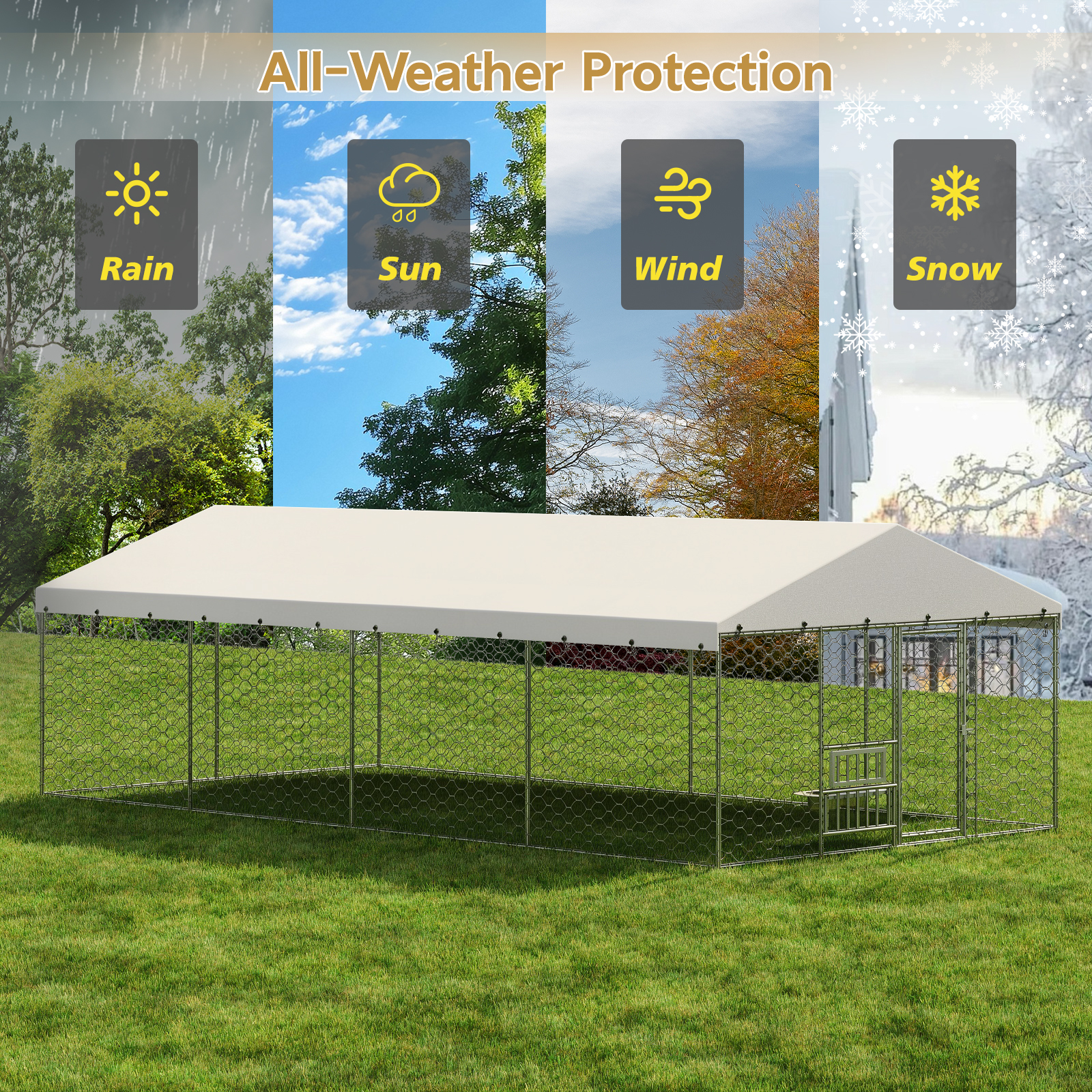 Large Outdoor Dog Kennel with Canopy, Heavy Duty Galvanized Steel Frame, Waterproof Cover, Built-in Elevated Feeding Bowls, Escape-Proof Lockable Pet Playpen for Large Dogs & Multiple Animal — image 12