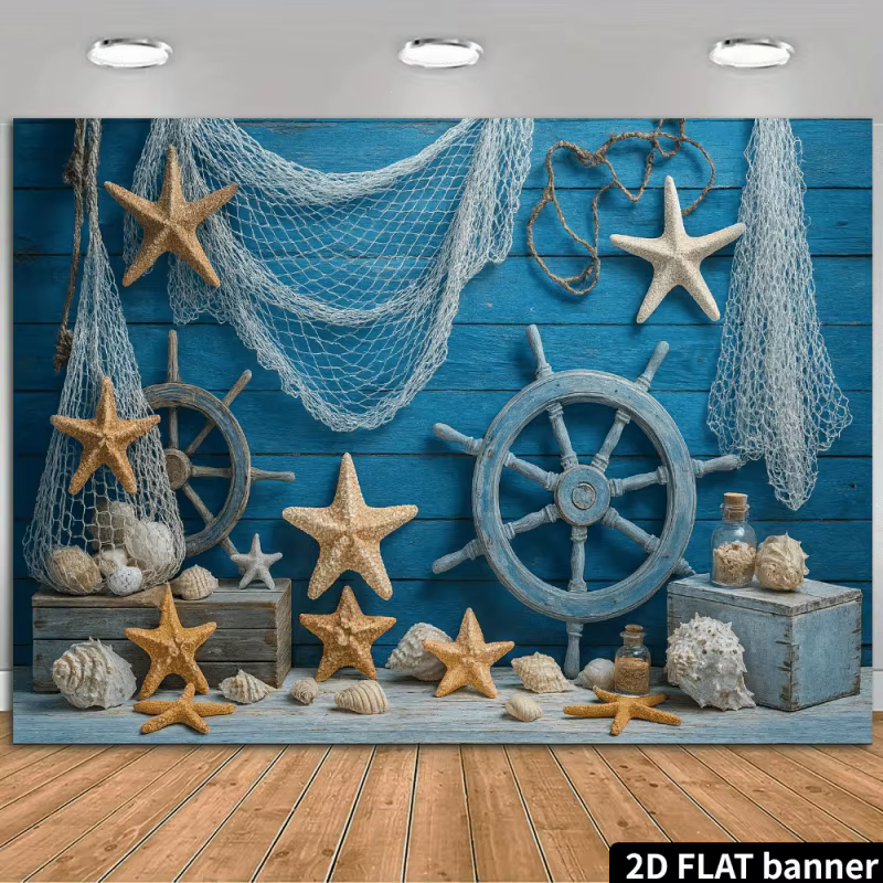 Tapiz de Pared con Temática Náutica 2D, Estandarte Plano 2D, Concha de Mar, Estrella de Mar, Timón de Barco, Decoración Oceánica, Casa de Playa, Sala de Estar — imagen 1