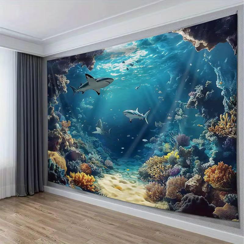 Underwater Ocean Wall Tapestry Shark Coral Reef Art Print Nature Decor For Bedroom Living Room Marine Theme Home Interior — image 5