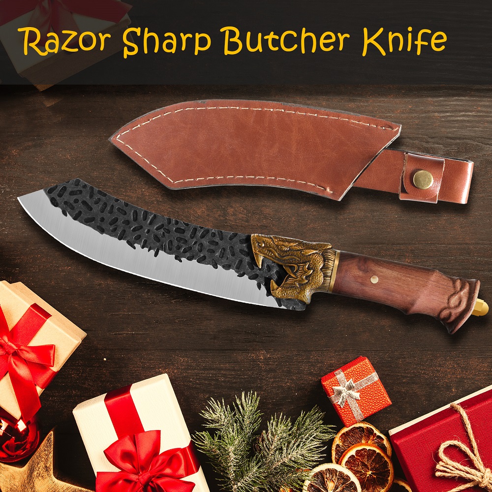 Qulajoy Boning Knife - Hand Forged Camping Knife 7Cr17MOV Blade - Dragon Head Handle And Leather Sheath - Unique Dragon Style - Viking Knife For Hunting & Camping — image 6