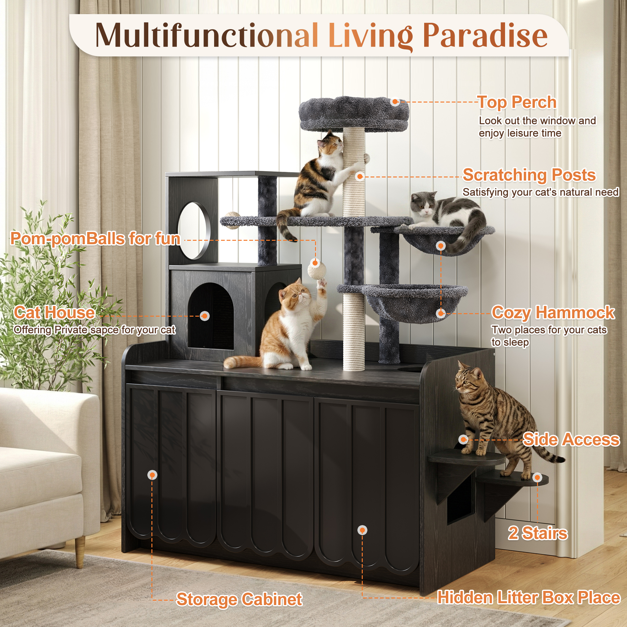 Rascador para Gatos de 50.6" con Cubierta para Caja de Arena, Torre para Gatos con Poste Rascador de Sisal y Espacio de Almacenamiento, Mueble con Caja de Arena Oculta, Condominio Moderno Todo en Uno con Casa, Hamaca y Percha, Negro — imagen 2