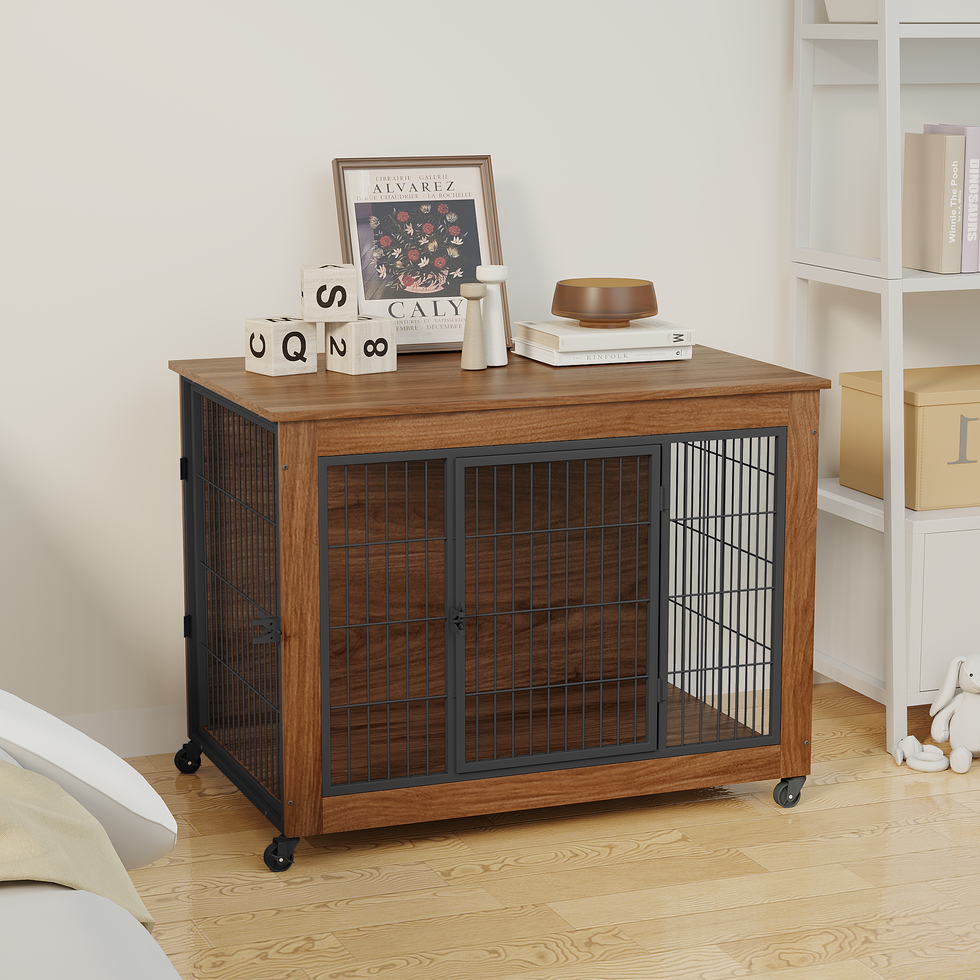 38.6 Dog Crate Furniture With Wheels For Small Dogs, Heavy Duty Dog Kennel Indoor With 2 Doors, Wooden Pet Cage End Table, Double-Doors Sturdy Metal Dog Cage For Anxiety Dog — imagen 4