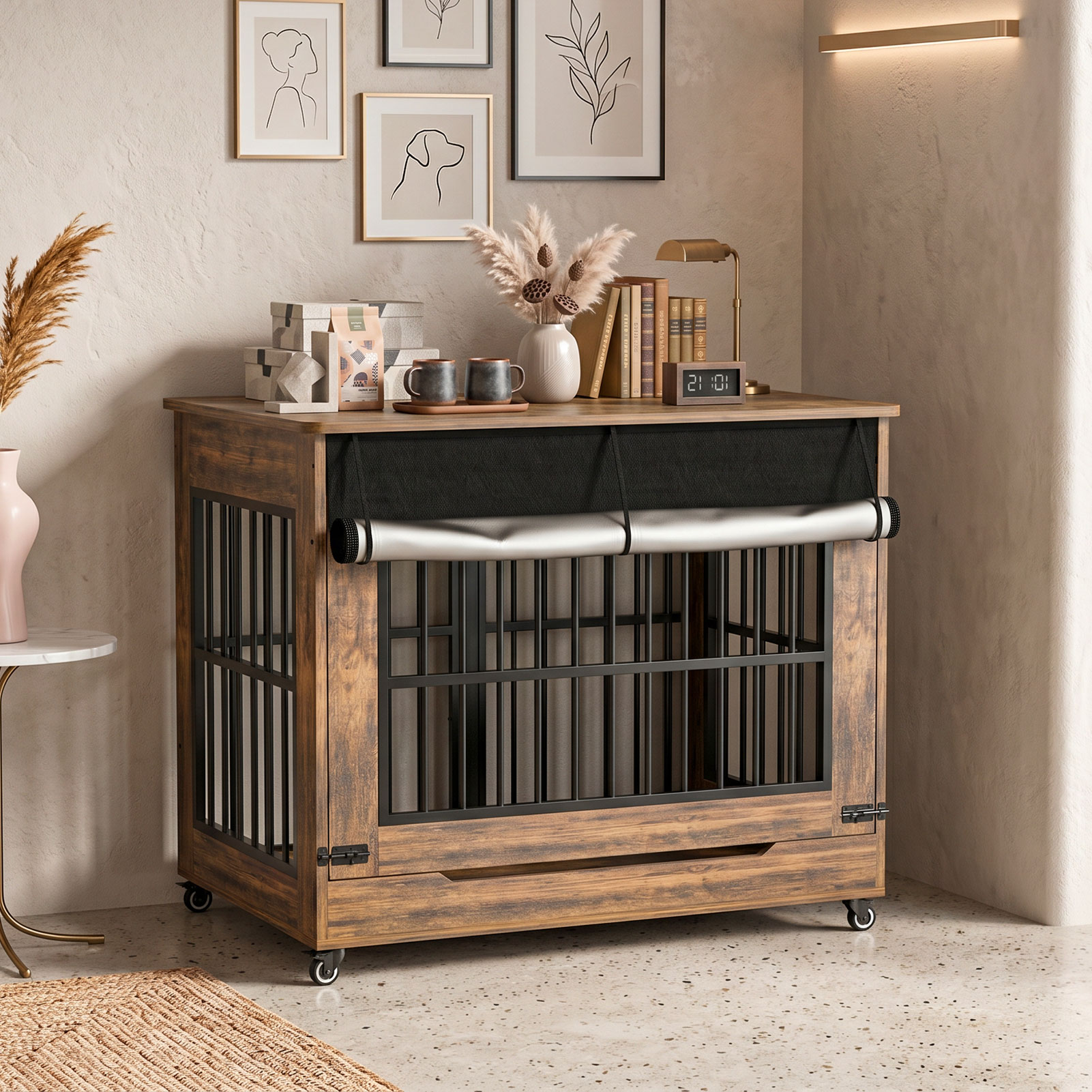 Large Dog Crate Furniture, Double Door Wooden Indoor Dog Kennel Furniture, Decorative Pet Cage End Table With Wheels For Large Breed Dogs, Size XL, Greige — image 6