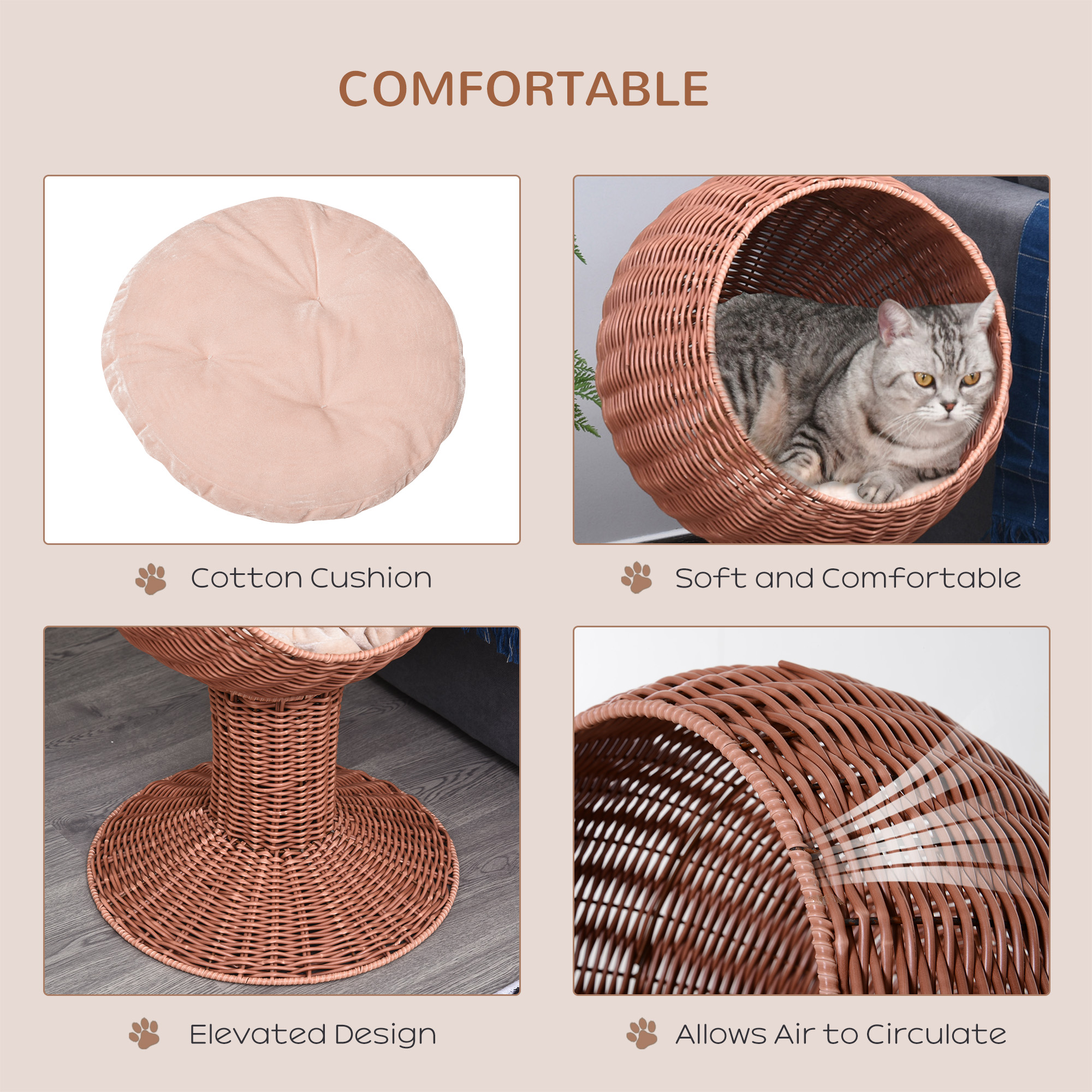 Cama para Gatos Elevada con Silla de Huevo Rotativa, Caja de Descanso para Gatos con Muestras Naturales y Cushión Espeso, Marrón — imagen 4
