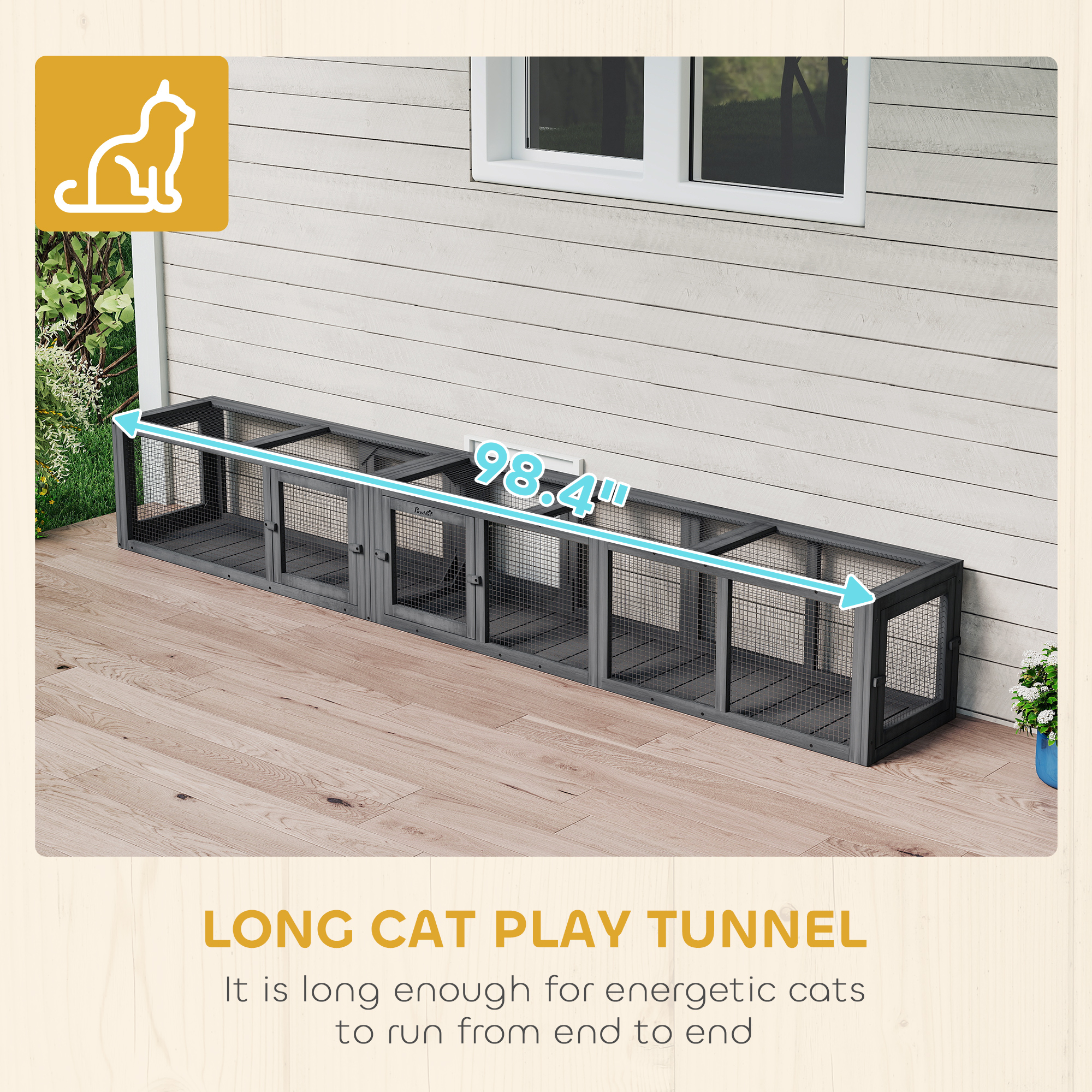 Wooden 98" Cat Tunnel for Outdoor with Combinable Design, 8 Doors, Dark Gray — image 3