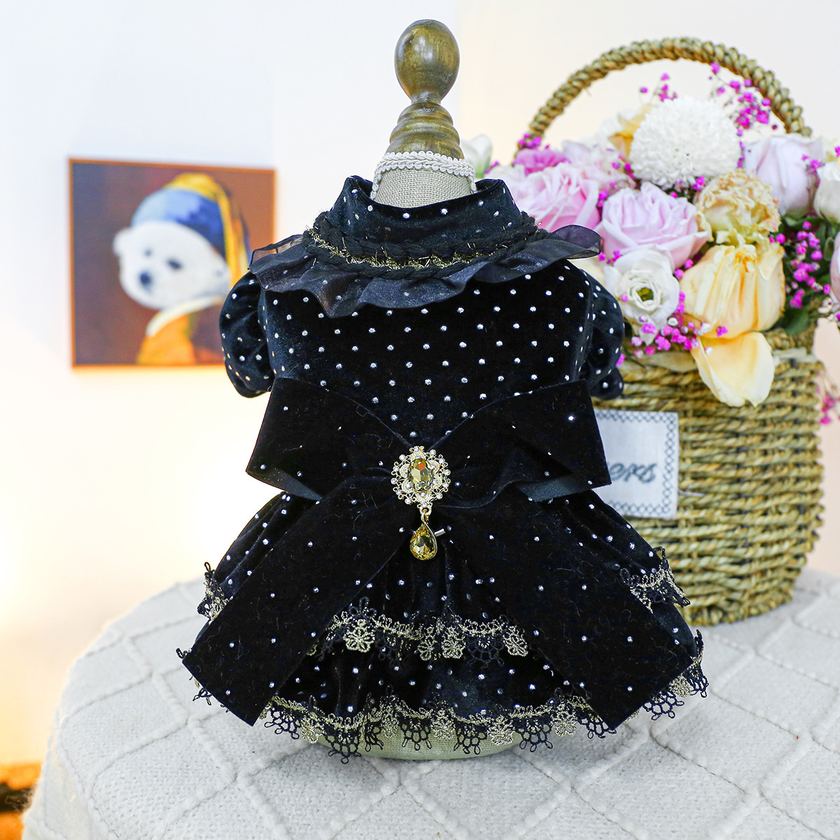 Pet Clothes Spring Autumn Small Dog Puppy Dark Black Festival Party Atmosphere Black Gold Dress Skirt — image 6