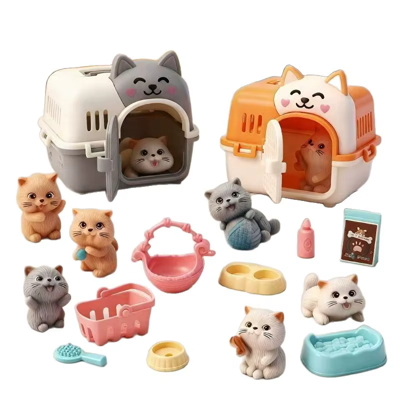 1 Set Pretend Play Pet Cat Cage Toy Set, Cute Animal Figures with Doll Furniture, Montessori Educational Role Play Toys for Gift — image 5