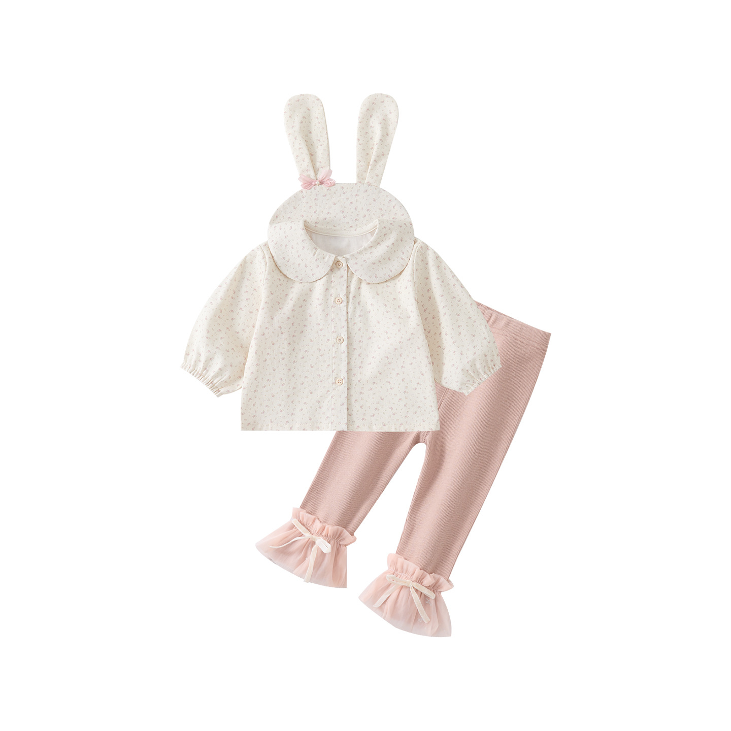 Baby Girl Sweet Floral Bunny Doll Shirt Set, Bow Top with Bottoms Two-Piece Outfit — image 2