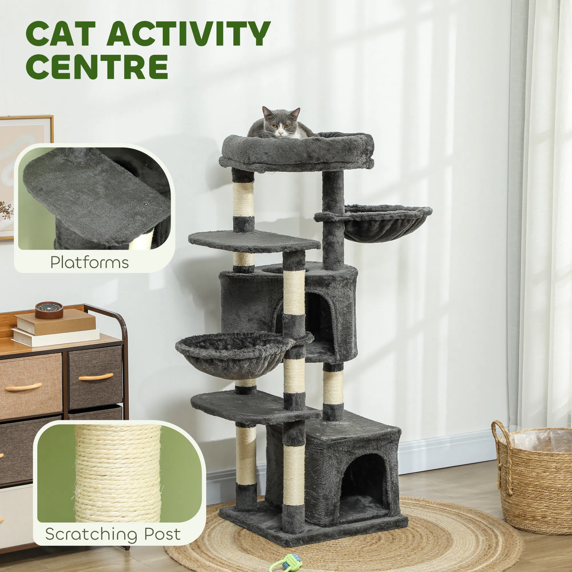52.5" Cat Tree Tower with Scratching Posts, Cat Condos, Bed, Platforms, Hammocks, for Indoor Cats, Dark Grey — image 2