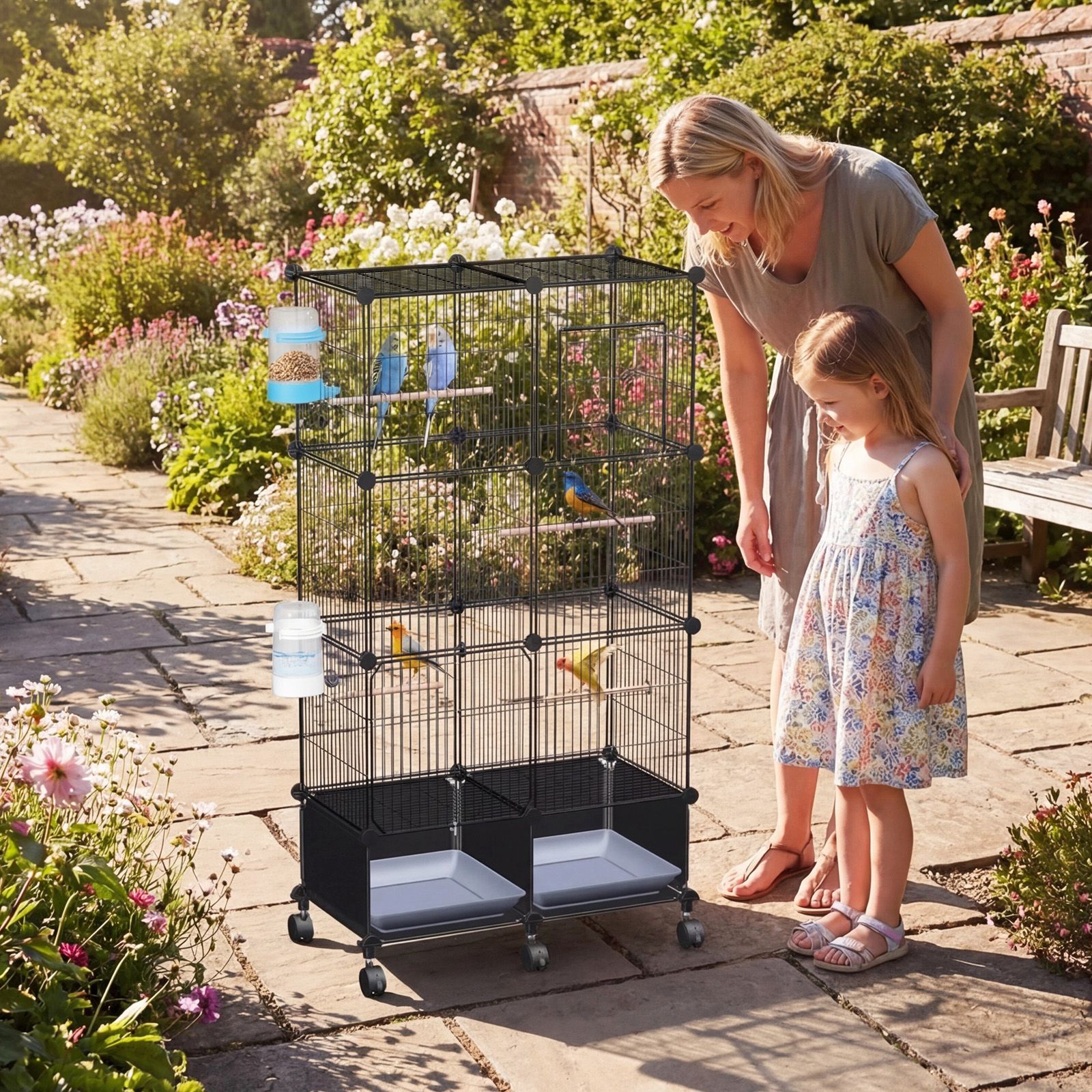 Casa para Pájaros Grande con 4 Perchas de Madera, 2 Botellas de Agua y Accesorios Complejos para Canarios, Loros, Amazónidas y Aves Pequeñas a Mediano Tamaño — imagen 8