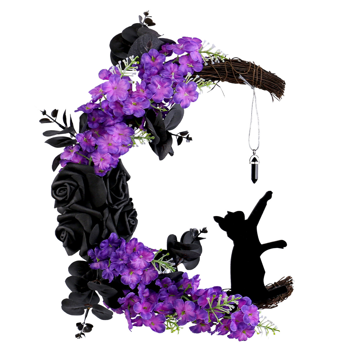 Halloween Moon Cat Wreath Decoration LED Black Rose Dry Branch Artificial Vine Circle Ornament Props — image 6