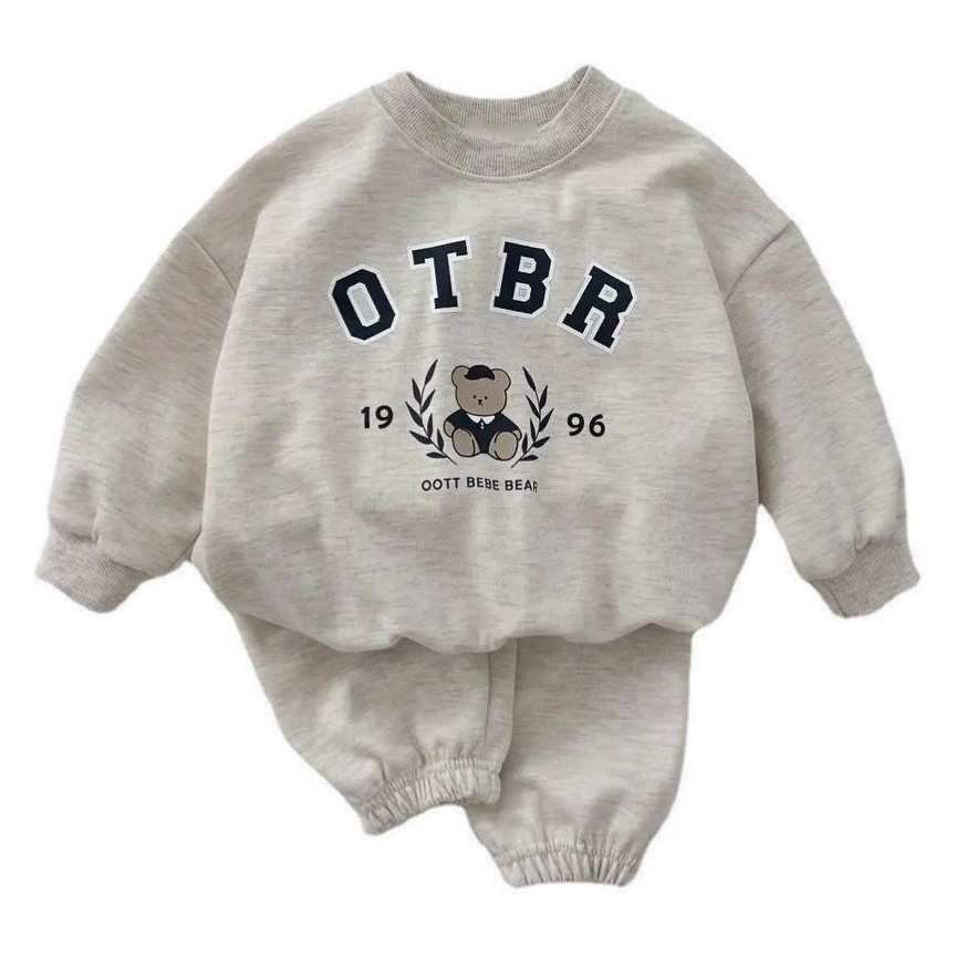 Baby bear letter print cotton hoodie set, kids' long-sleeve top and pants two-piece set — image 1
