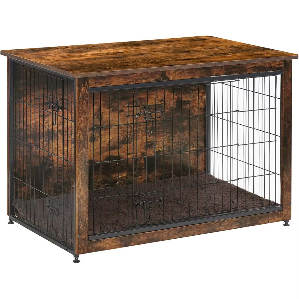 Medium Rustic Brown Wooden Dog Crate with Cushion and Double Doors — image 1