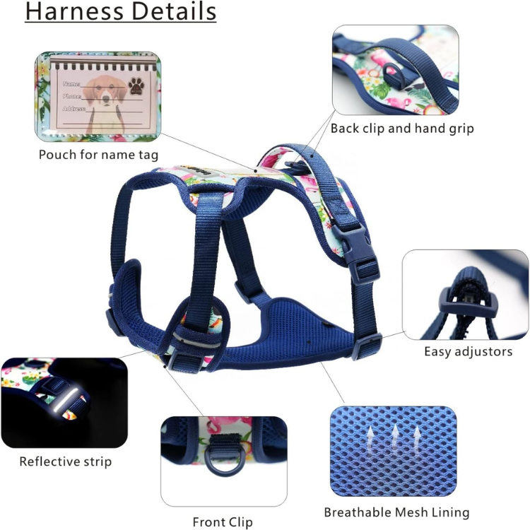 Dog Harness Collar 5ft Leash Poop Bag Holder Set, Reflective Adjustable No-Pull Dog Vest Harness With Safety Lock Easy Control Handle, For Small Medium Large Dogs 4pcs-M-Navy — image 3