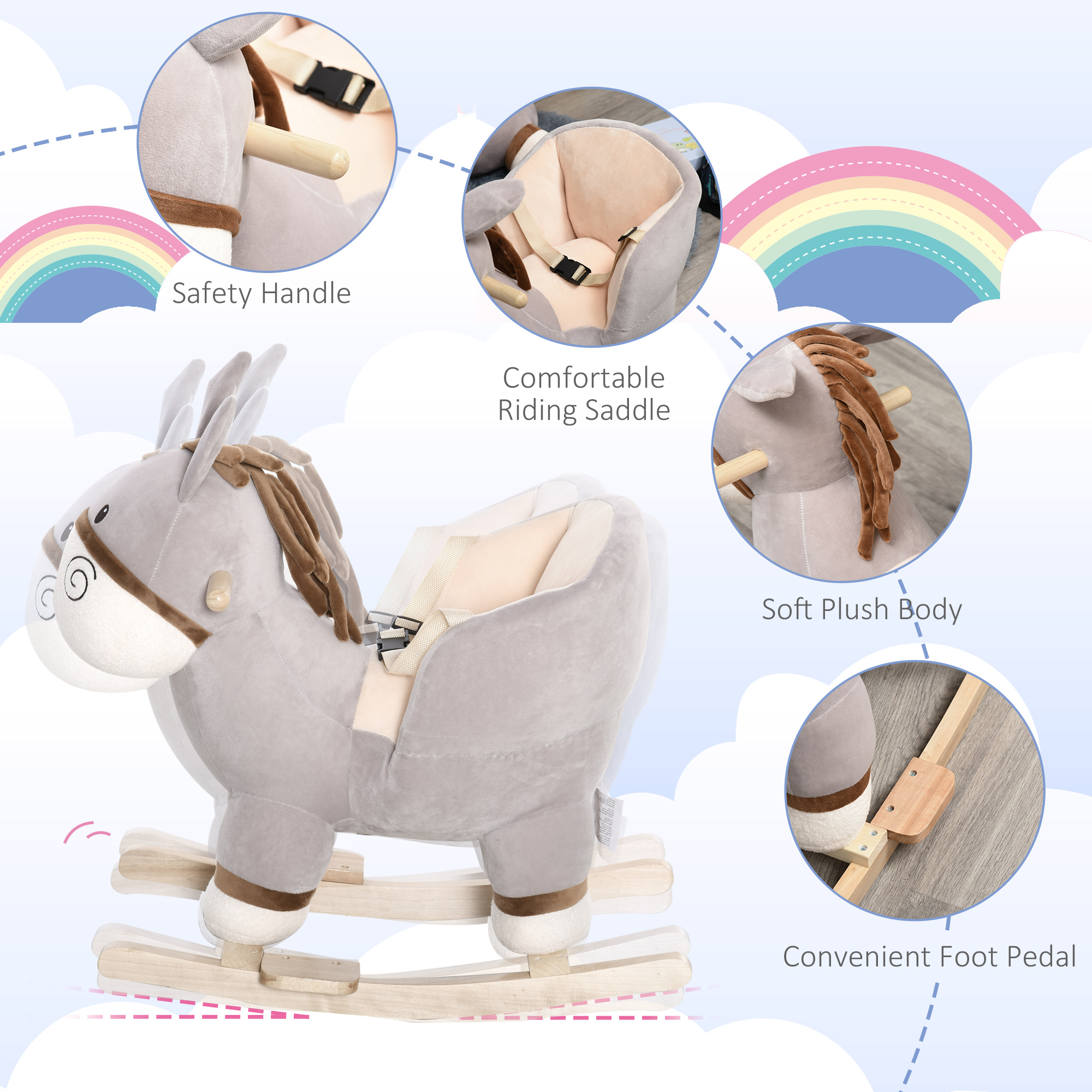 Kids Rocking Chair, Plush Ride On Rocking Horse Donkey with Sound, Wood Base Seat, Safety Belt, Baby Toddler Rocker Toy for 18 - 36 Months, Gray — image 5