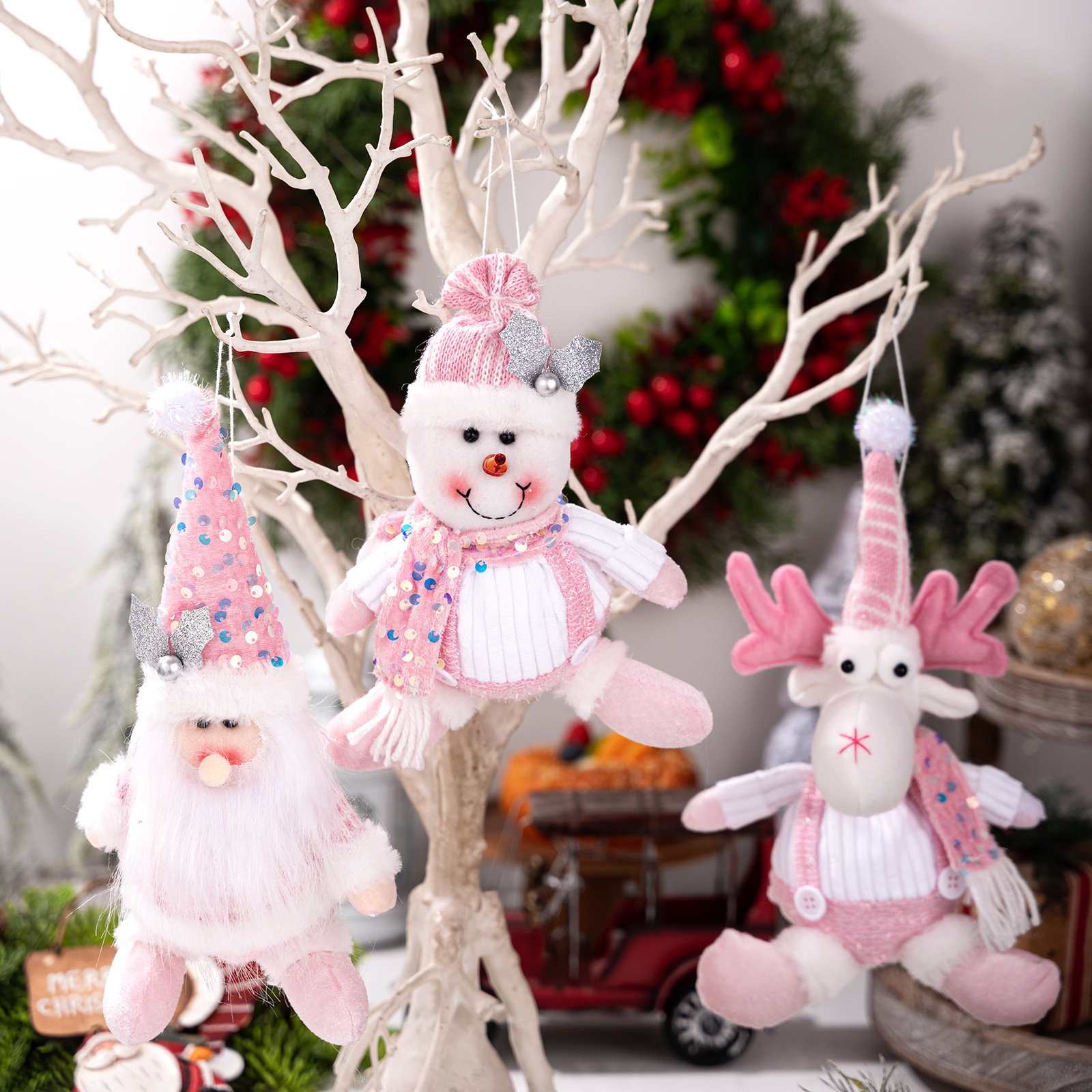 Christmas Decoration Pink Glitter Plush Ornament Santa Claus Figurine Snowman Reindeer Hanging Decor — image 3