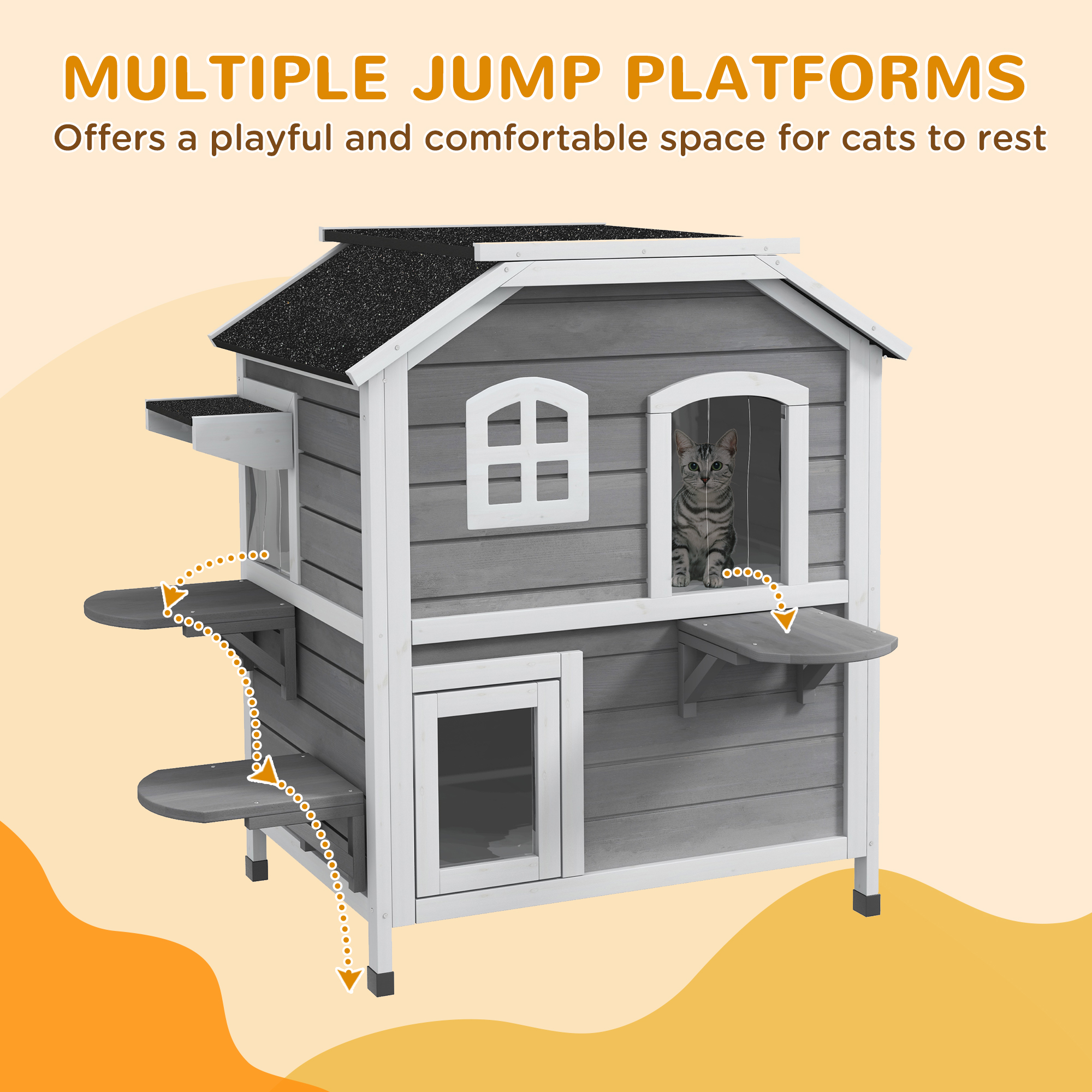 Casa Para Gatos Exterior de 2 Pisos, Recinto de Madera Resistente a la Intemperie Para Gatos Callejeros Con Puerta de Escape, Techo Abatible y Plataformas Para Saltar, Gris — imagen 4