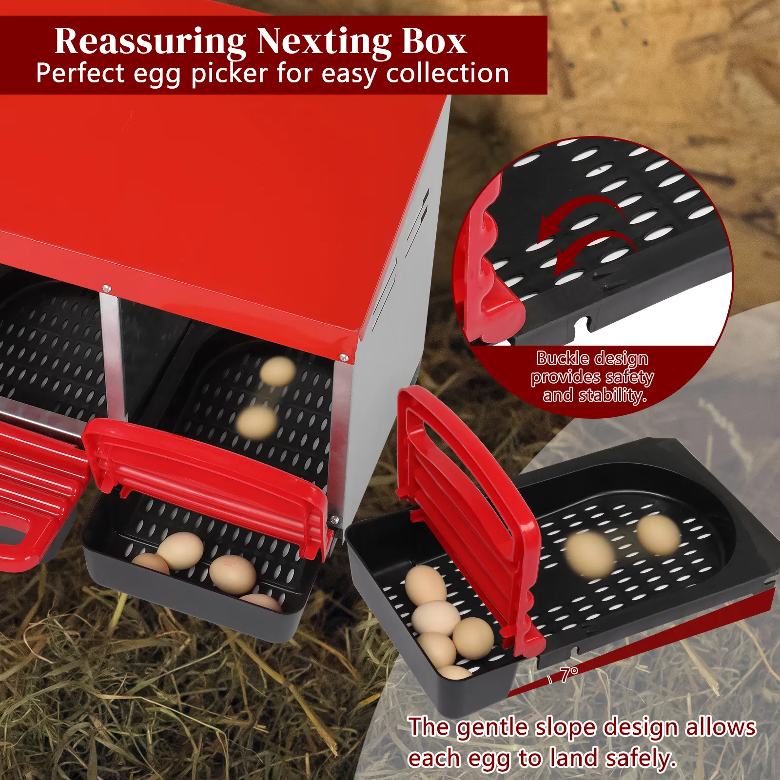 3 Compartment Roll Out Chicken Nesting Box with Plastic Basket, Egg Nest Box Chicken Laying Box Hens Chicken Coop Box, Red — imagen 7