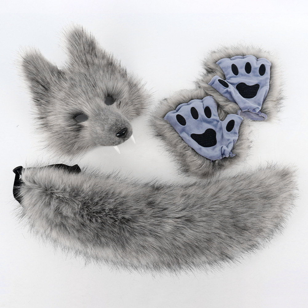 Halloween Realistic Wolf Tooth Mask 3D Set Cosplay Lone Wolf Plush Animal Tail Party Costume Accessory — image 3