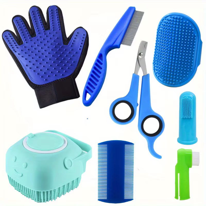 8 Pcs Pet Grooming Set, Hair Removal Comb For Dog, Flea Comb, Dog Shampoo Brush, Pet Nail Clippers, Dog Toothbrush Set — image 1
