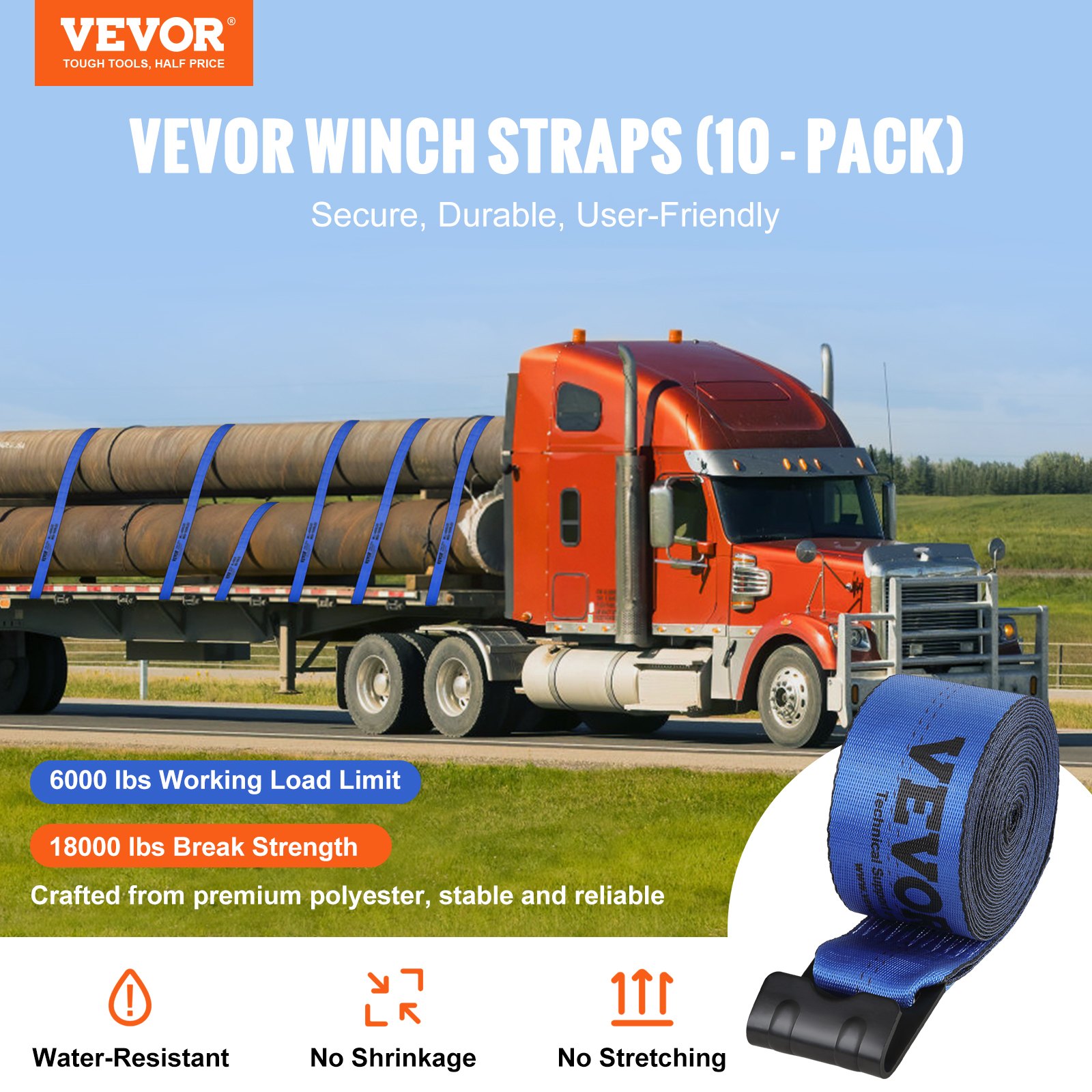 Winch Straps, 4 X 30 6000 Lbs Load Capacity, 18000 Lbs Breaking Strength, Truck Straps With Flat Hook, Flatbed Tie Downs Cargo Control For Trailers, Farms, Rescues, Tree Saver, Blue — image 8