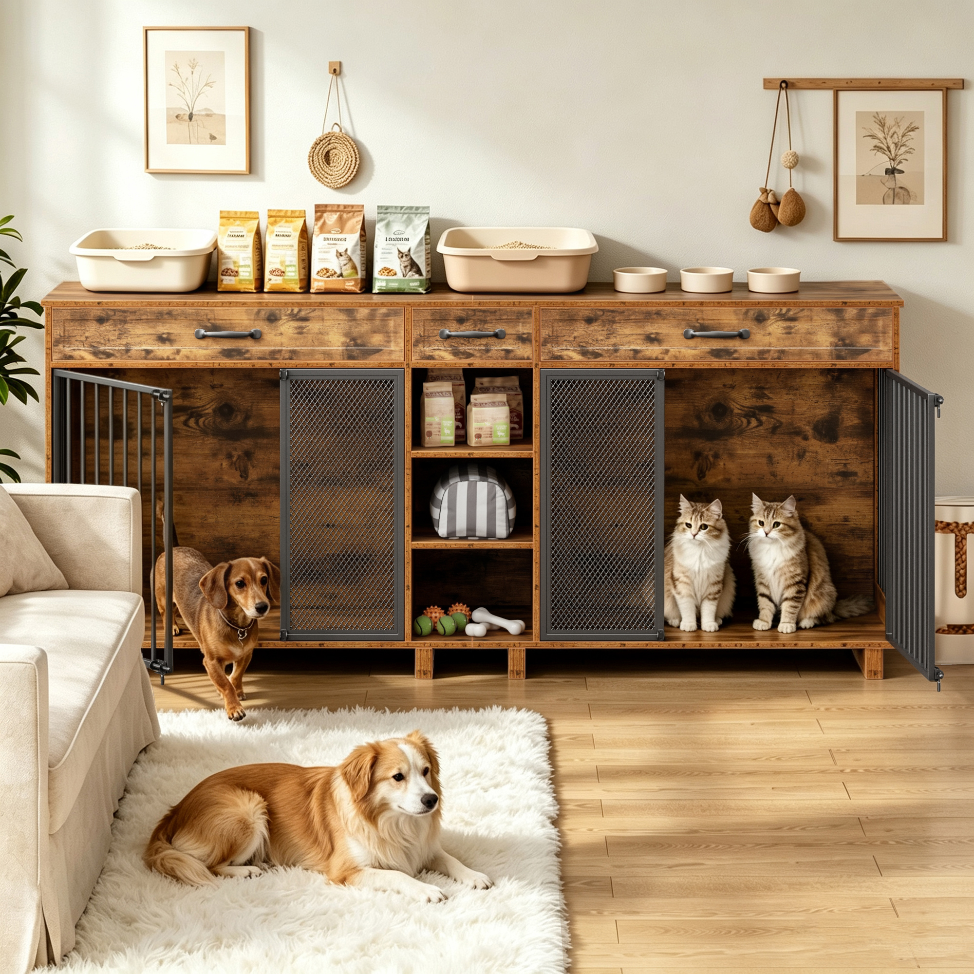 Large Wooden Dog Crate Furniture, Multi-Functional Pet Cage Cabinet with Storage — image 9