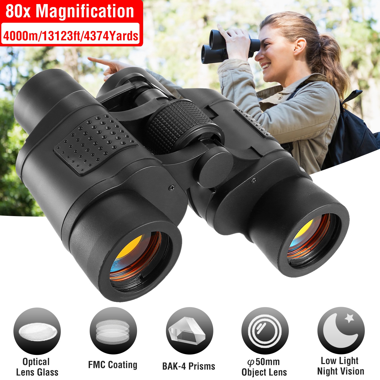 Binoculares Portátiles HD con Lente FMC para Visión Nocturna Baja Luz Telescopio para Observación de Aves Caza Eventos Deportivos Conciertos Aventuras al Aire Libre con Bandolera Bolsa para Primavera Verano — imagen 7