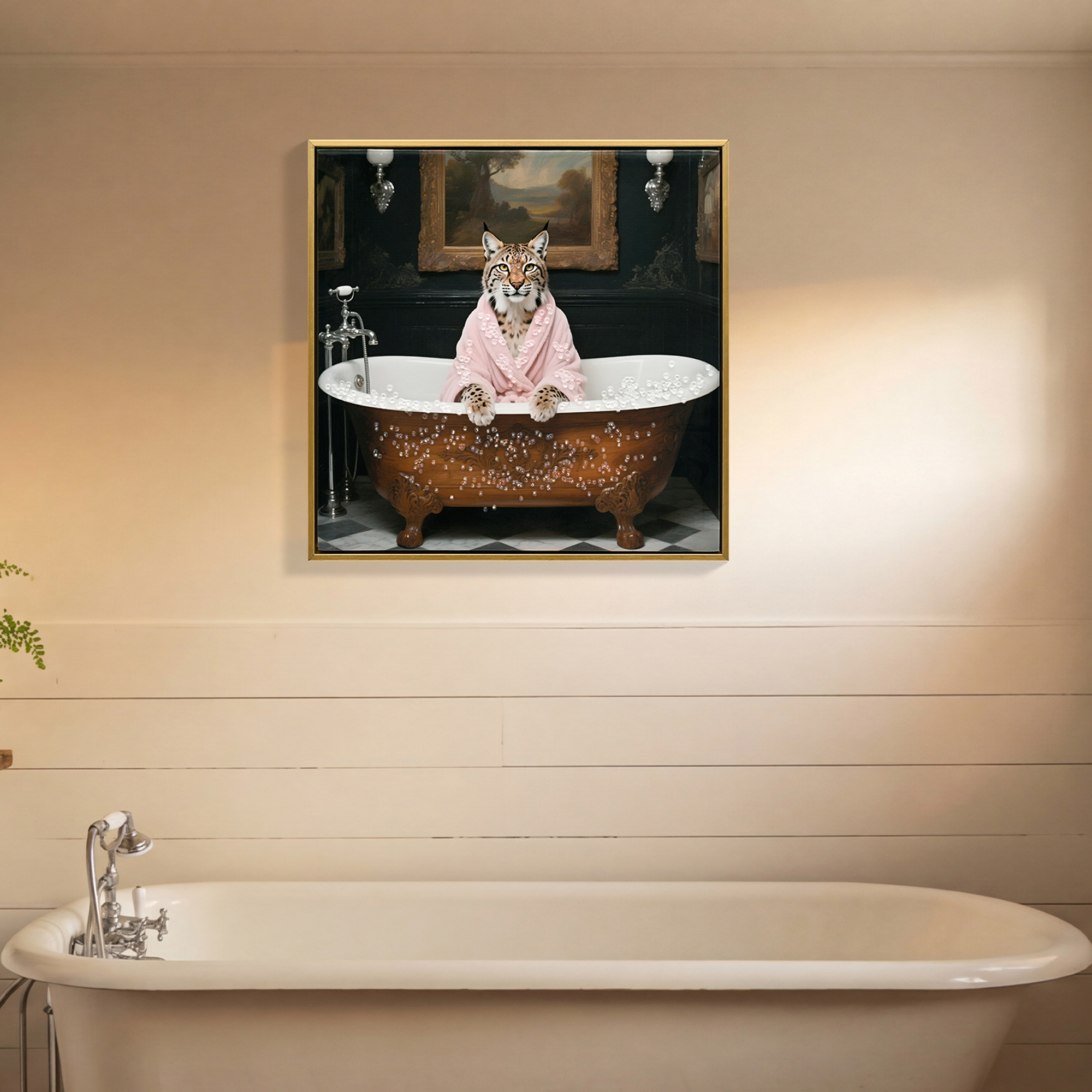 Tigre en Bañera - Posterior de Arte para Pared, Decoración para Baño Casa Imagen Pintura Obra de Arte Galería 1 Tigre (16 x 16 pulgadas, Marco de Madera) — imagen 1