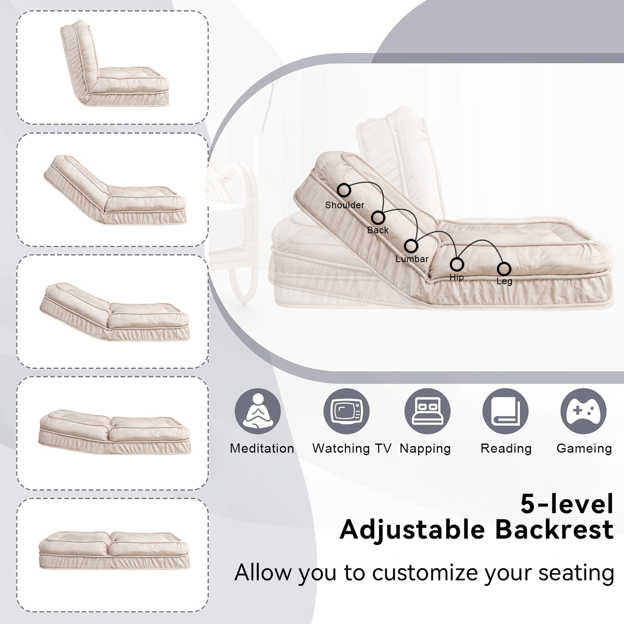 Silla de Descanso para Humanos y Mascotas con Manta de Veludo, 5 Posiciones Ajustables y Almohada de Masaje, Sofá de Bolsa de Poliestireno con 2 Almohadillas Suaves — imagen 4