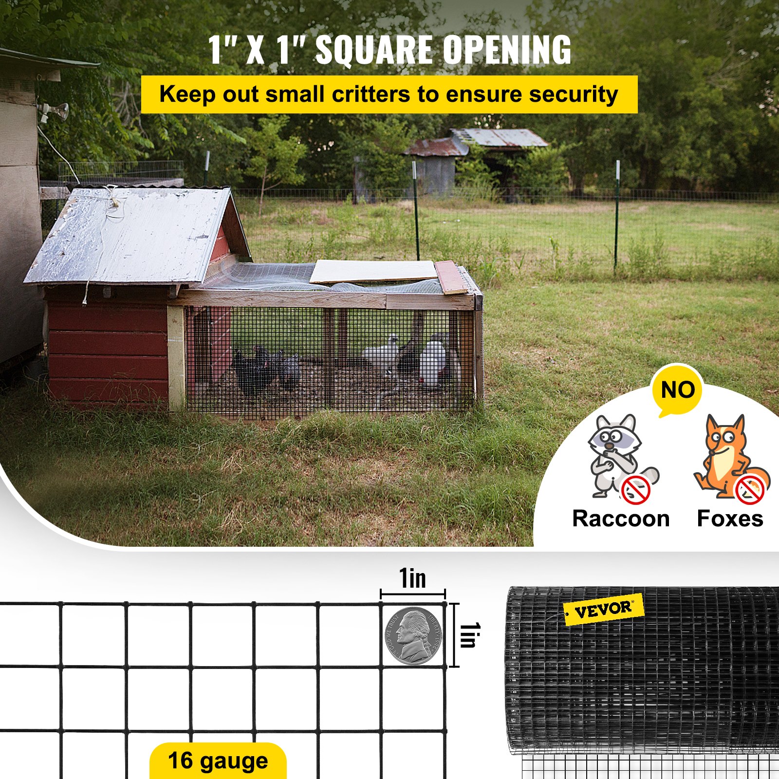 Hardware Cloth, 48' X 50' & 1'x1' Mesh Size, Galvanized Steel Vinyl Coated 16 Gauge Chicken Wire Fencing W'A Cutting Plier & A Pair Of Fabric Gloves, For Garden Fencing & Pet Enclosures, Black — imagen 5