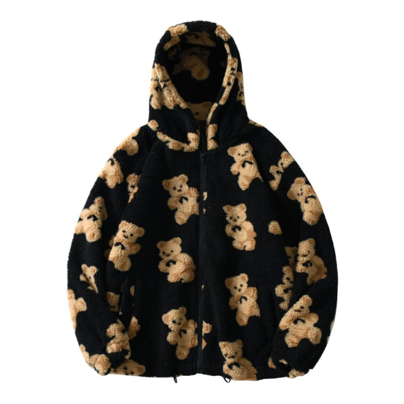 Cartoon Pattern Bear Zipper Pocket Plush Sweatshirt For Women — image 3
