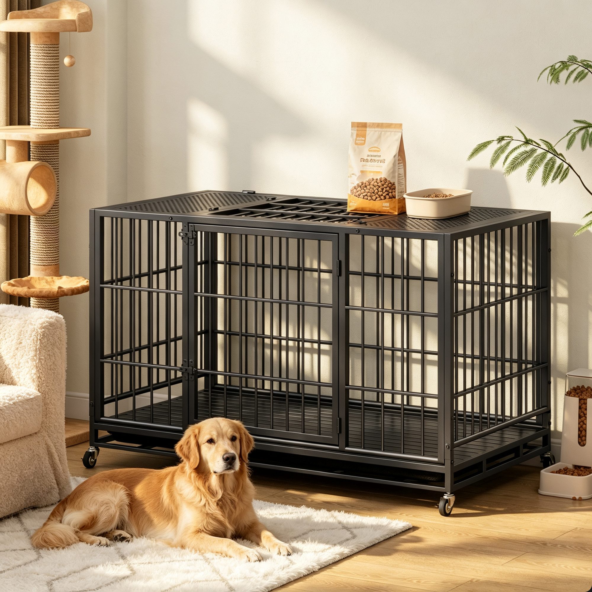 Heavy Duty Dog Crate, Mobile Pet Kennel with Lockable Wheels & Rotary Twist-Latch, Indoor Outdoor Metal Cage with Perforated Top — image 12