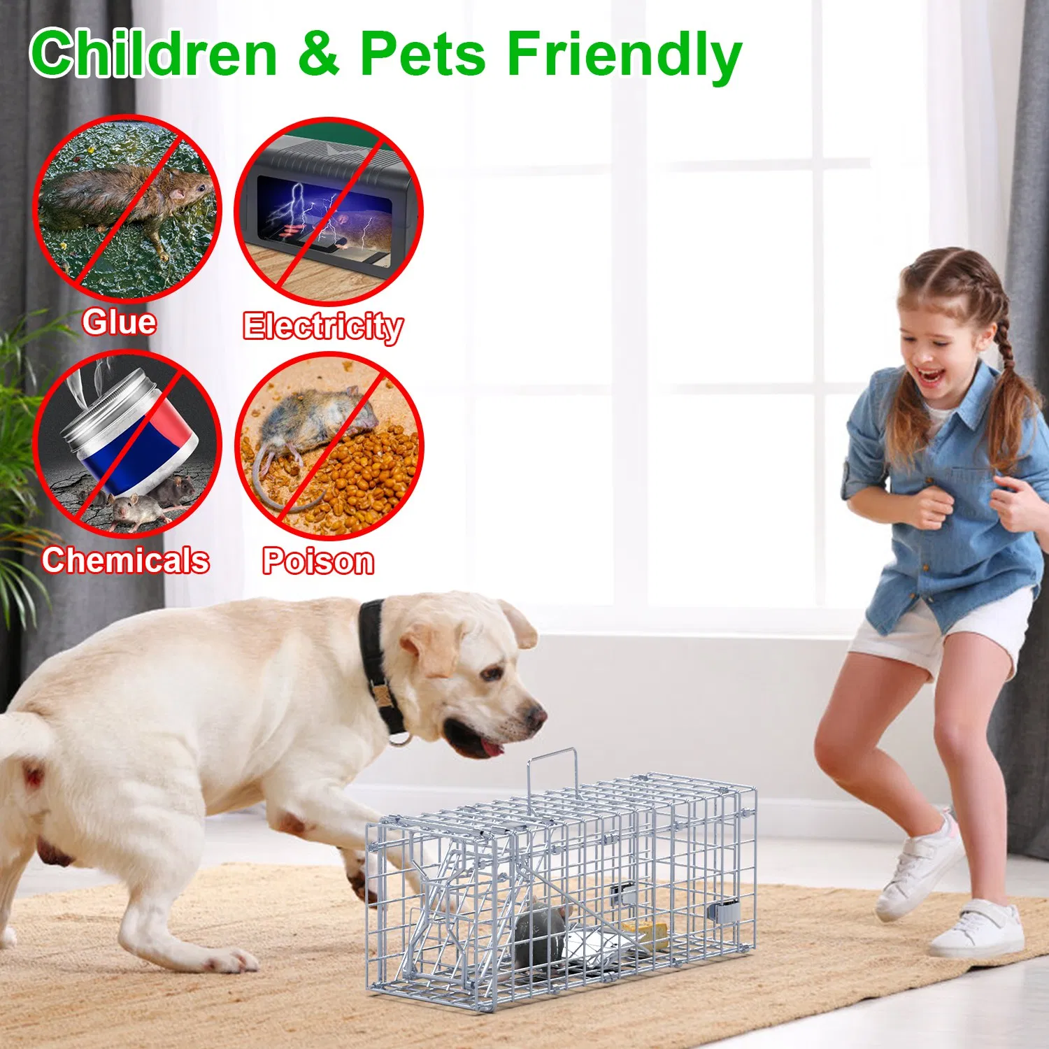 2 jaulas trampa plegables para ratas, trampa humanitaria para roedores vivos, hierro galvanizado, control de ratones con cebo, varilla en forma de L desmontable, para cocina, jardín y almacén — imagen 6