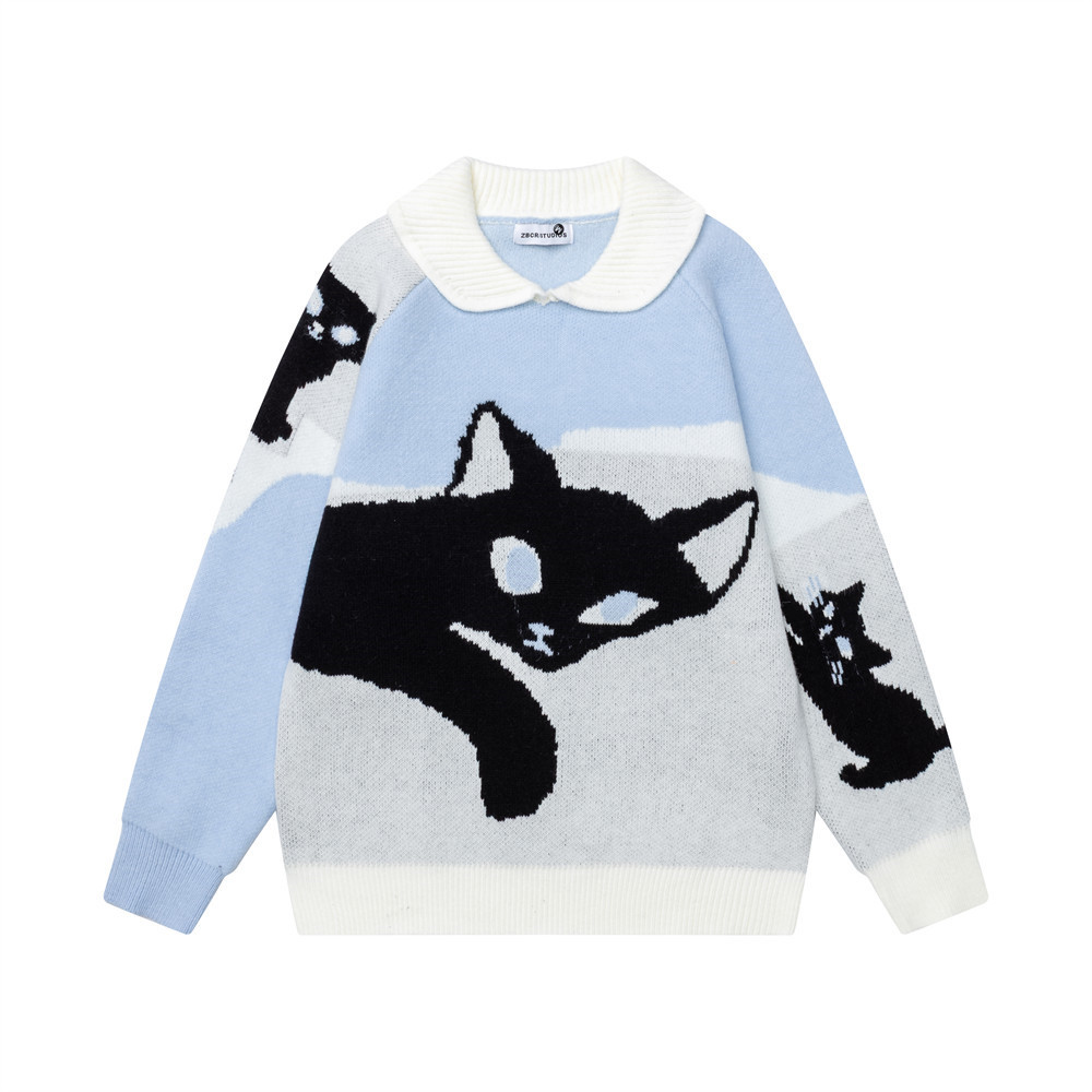 Cartoon cat contrasting collar sweater — image 8