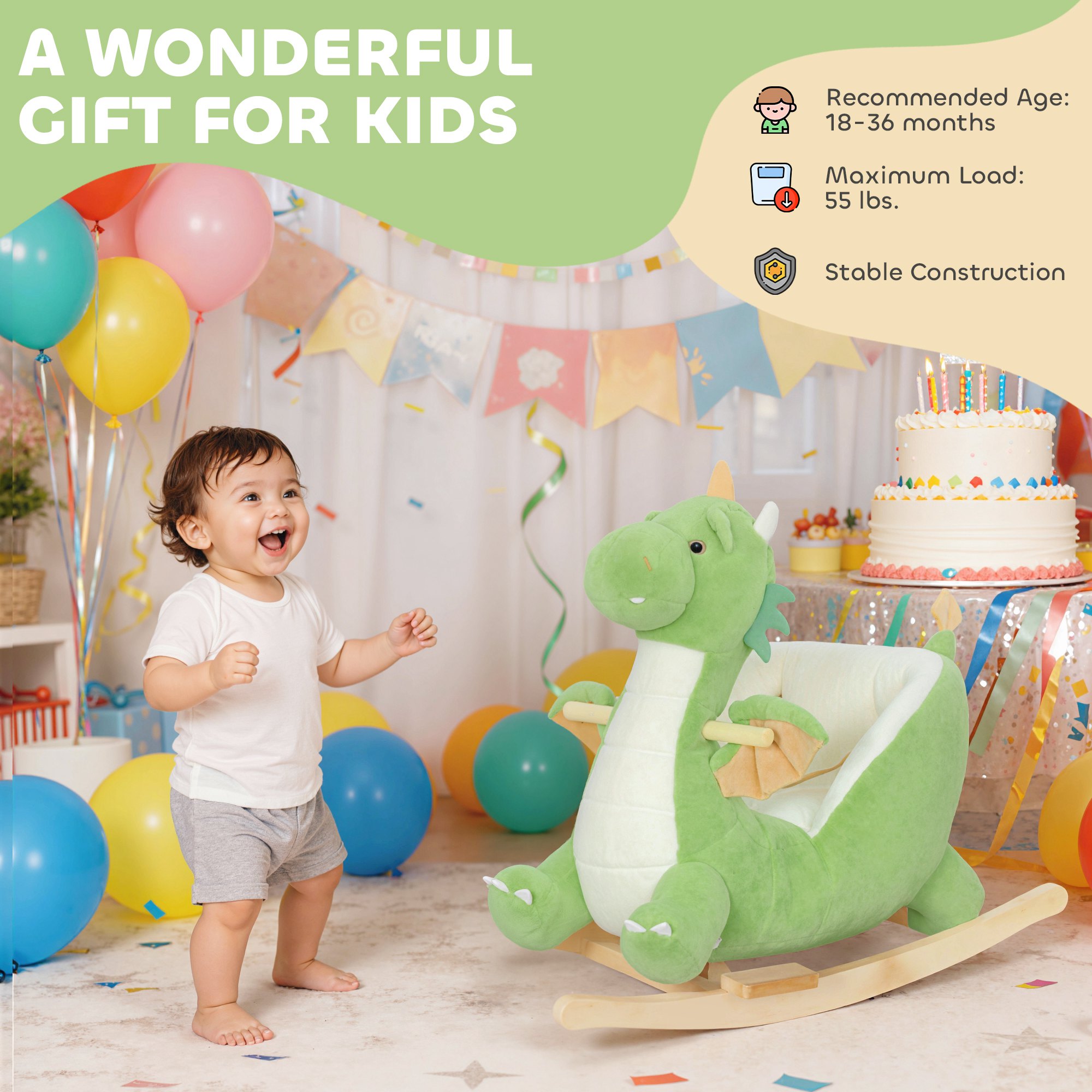 Baby Rocking Horse, Kids Ride On Dragon Toy with Realistic Dragon Roar and Safety Belt for Kids 18–36 Months, Green — image 7