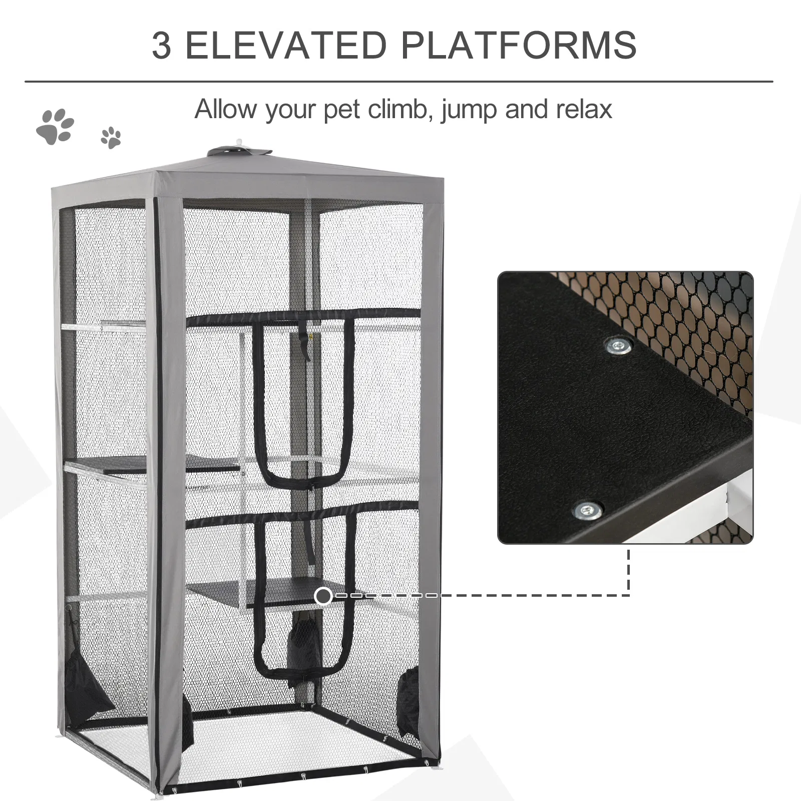 79" Cat Cage, Large Outdoor Kitten House, Indoor Cage Pet Kennel Playpen with 3 Platforms Door 4 Sandbags - Grey — image 4