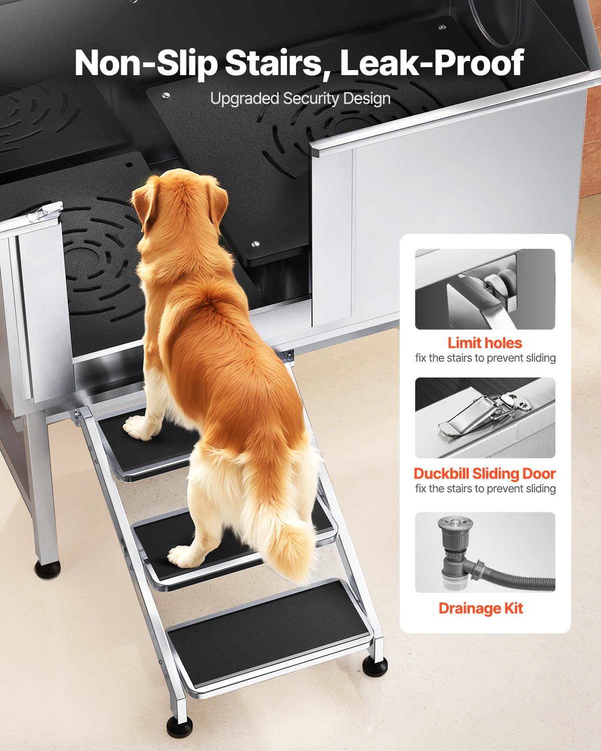 Baño de Aseo para Perros en Acero Inoxidable con Escaleras y Filtro de Agua Izquierdo — imagen 2
