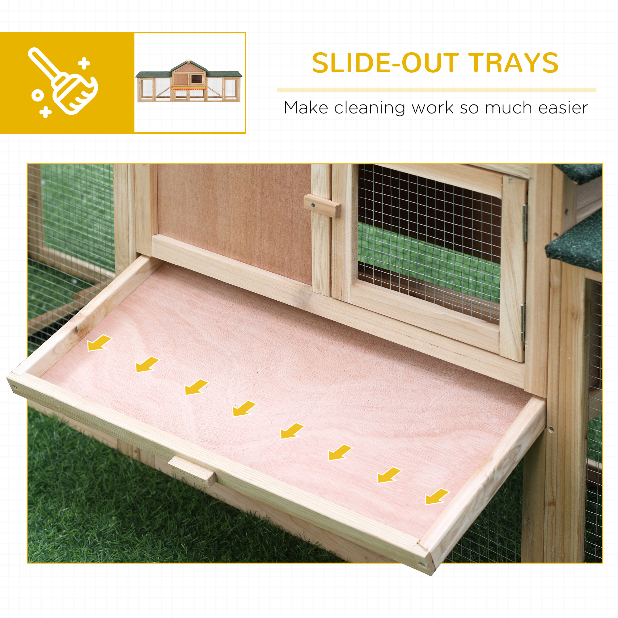 Conejera de Madera de 83", Casa Grande para Conejos con Doble Corral, Bandeja Extraíble, Techo Impermeable, Exterior, Natural — imagen 2