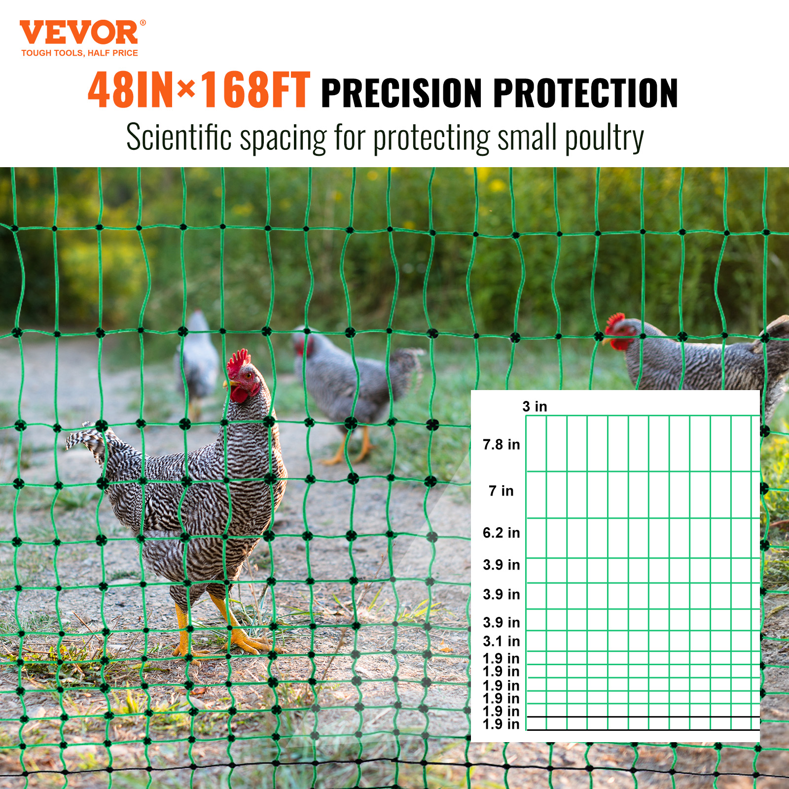 Red de electricidad VEVOR para cercas, 48"A x 168"L, kit con postes y estacas doblemente punzadas, malla portátil de PE para gallinas, patos, gansos, conejos, ideal para jardines traseros, granjas y ranchos — imagen 1