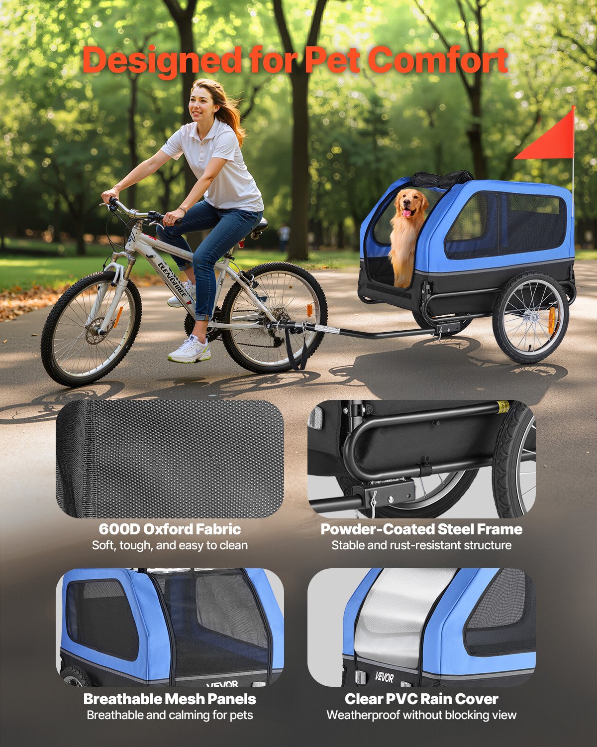 Dog Bike Trailer, Supports Up To 88 Lbs, Pet Cart Bicycle Carrier For Small & Large Dogs, Easy Folding Frame With Quick Release Wheel, Universal Bicycle Coupler, Reflector, Flag, Internal Leash — imagen 3