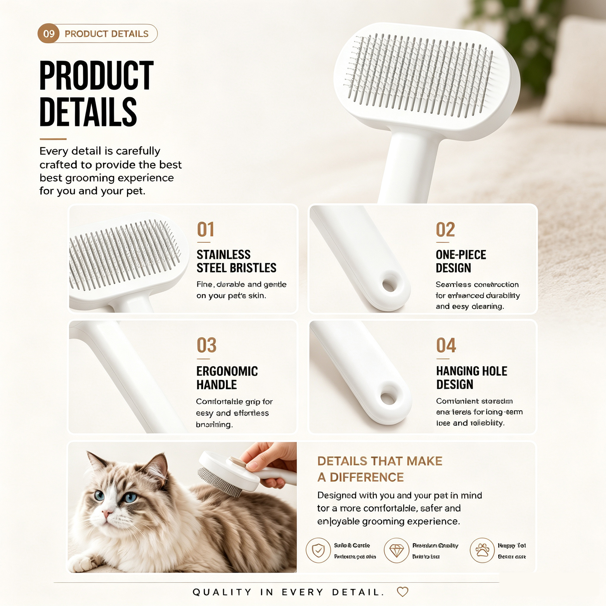 Pulidora de Grooming para Mascotas: Cepillo Auto-Limpio con Un Botón Para Eliminar Pelo, Herramienta Suave para Desprender y Cuidado Capilar — imagen 12